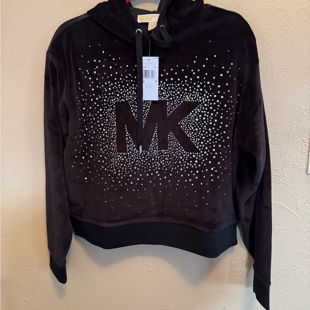 Michael Kors Black Velour Hoodie with Crystal Stud Detailing